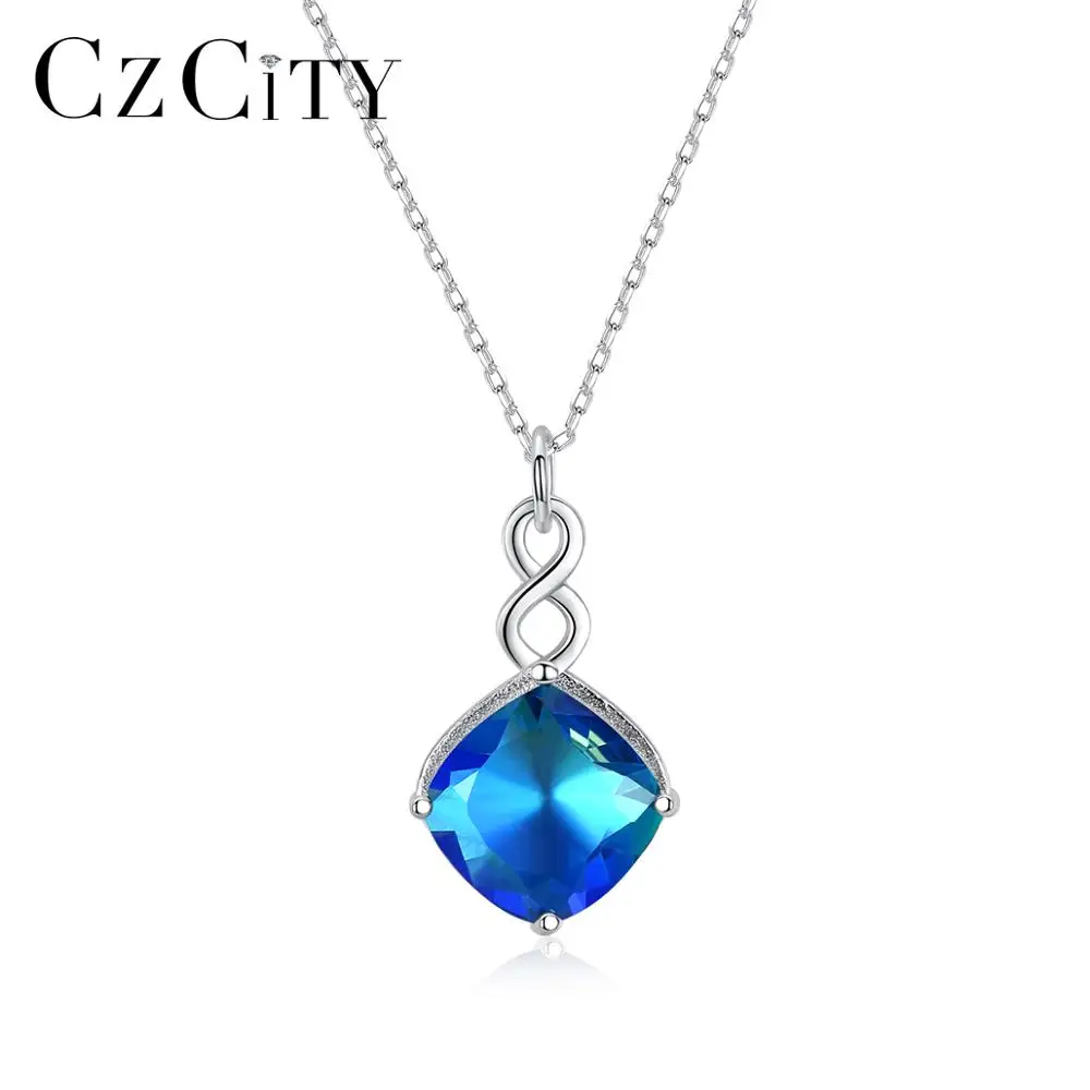 CZCITY квадратные синие 925 стерлингового серебра для женщин кулон ожерелье подарка