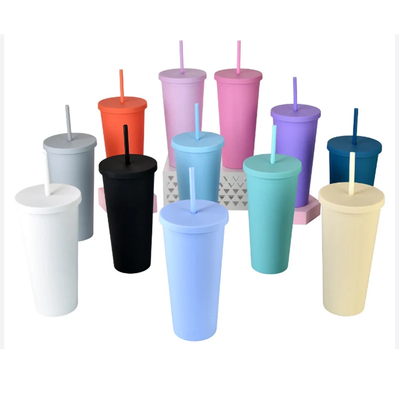 Wholesale 22oz Travel Mug Plastic Matte Pink Black Coffee Cup Reusable Double Wall Skinny Plastic Tumbler with Lid and Straw