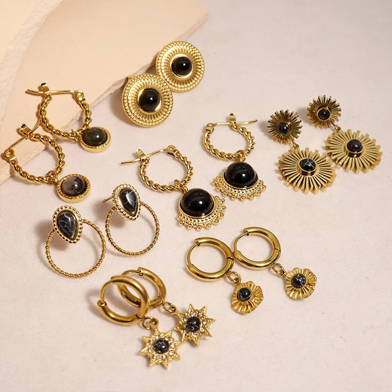 14K Gold Plated Stainless Steel Black Agate Drop Earrings Sun Star Natural Stone Hoop Stud Earrings For Women Girls