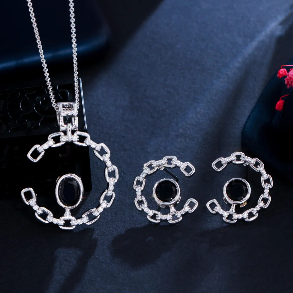 8 Colors Fashion Jewelry Sets Black CZ Crystal Half Round Circle Moon Cuban Chain Link Women Earrings and Necklace Memorial Day