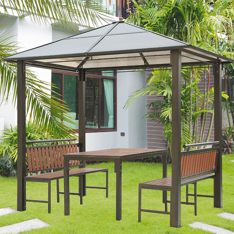 Plastic wood table and chairs rain proof PC top four corners pavilion for patio garden outdoor villa park hotel