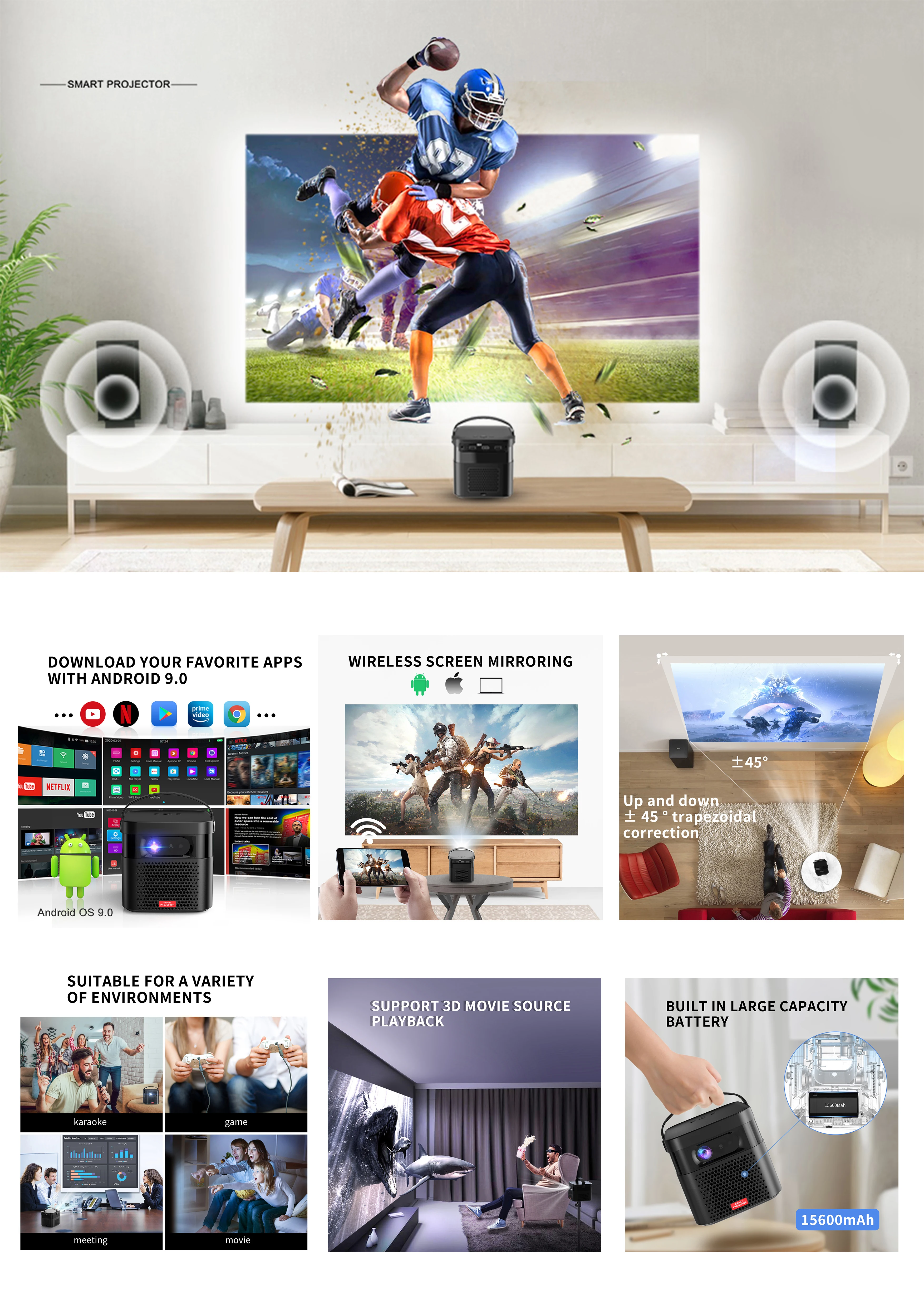 Rechargeable Battery Multi-Interactive 2+32GB 300 ANSI High Brightness Portable WIFI Projector 4K 3D HD Projector