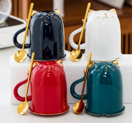 Coffee cup cartoon ceramic cat cup trend personality creative mug with lid spoon couple home drinking cup for men and women