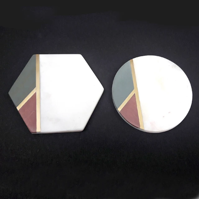 Round and Hexagon White Marble Coaster with Melamine Stone Inlay Red and Green Color Stone Inlay with Gold Brass Strip Inlay
