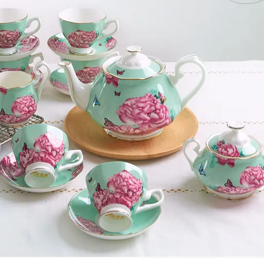 
Gold Rim Bone China Coffee & Tea Sets Royal Drink Set Floral Porcelain Tea Cup With Teapot 