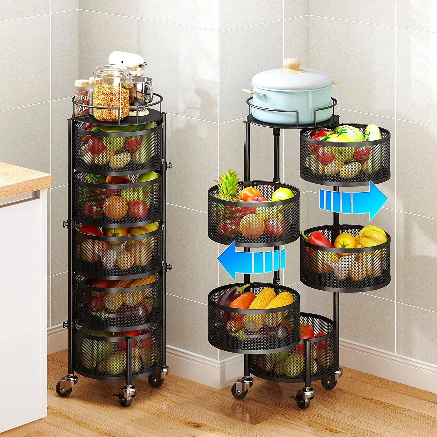 4 Tires Kitchen Storage Rotary Rack Trolley Cart Rotating Round drawer Vegetables Fruits Storage Shelf