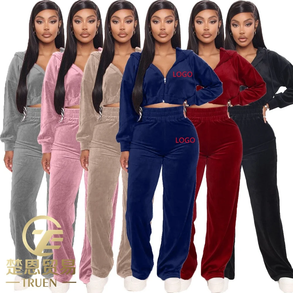 Custom LOGO Fall Winter 2024 Velvet Tracksuits Two Piece Set Women hoodie sets 2 Piece velour Jogger Set Sweat Suits