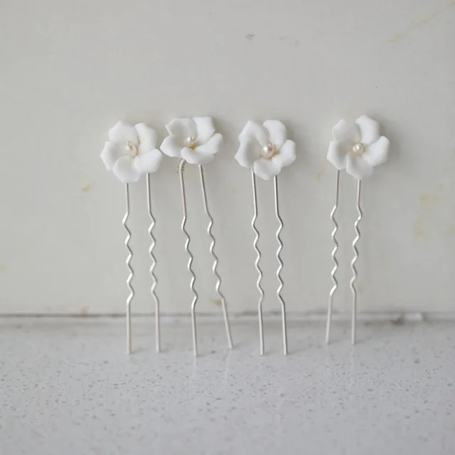 SLBRIDAL Handmade Porcelain Flower Freshwater Pearls Alloy Bridal Hair Pin Wedding Hair Sticker Women Jewelry Hair Accessories