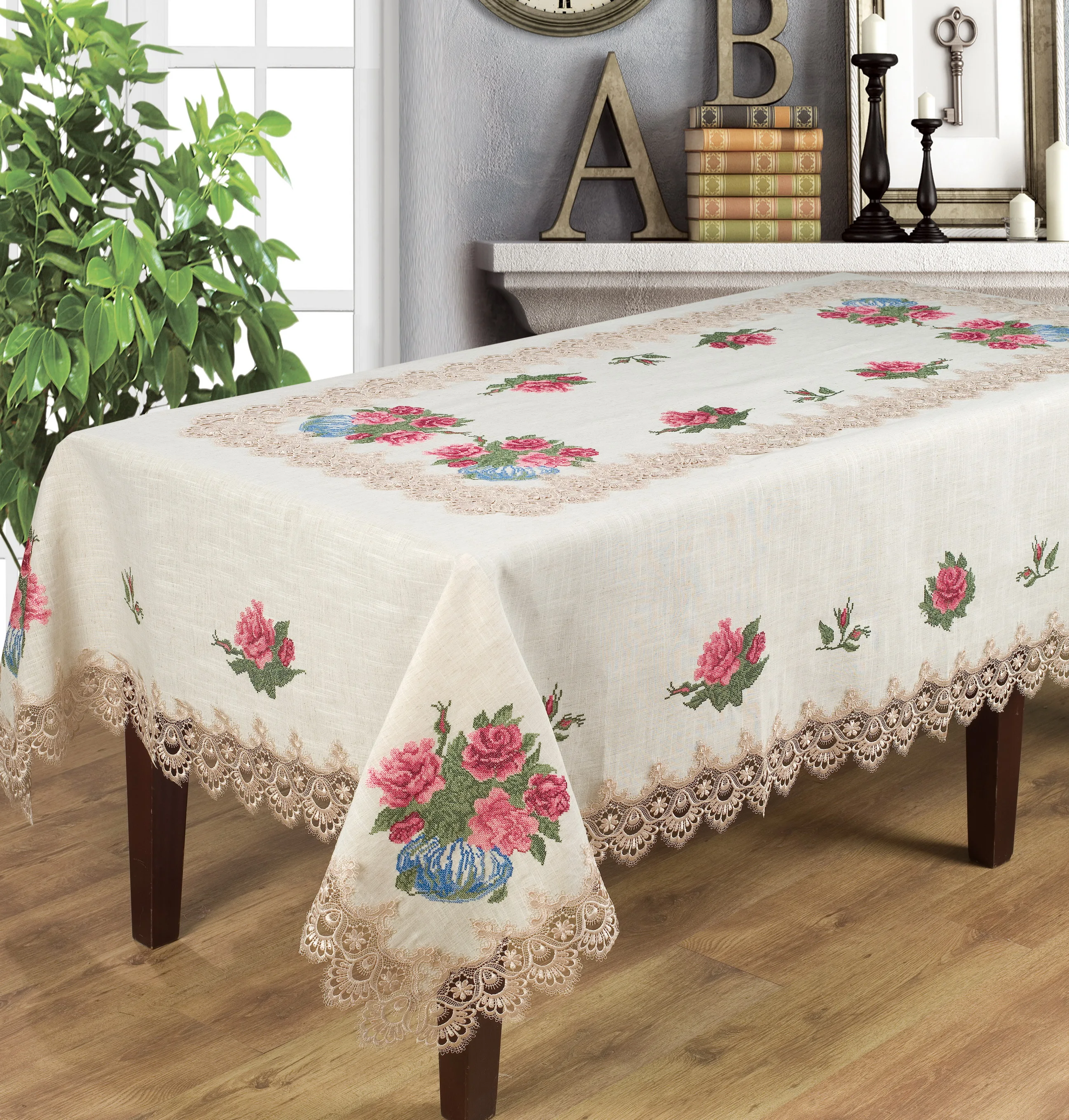 cross stitch embroidered table cloth