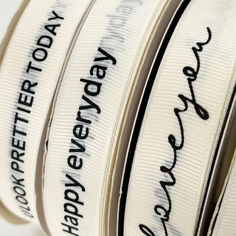 Wholesale Custom 2 Cm 3/4 Inch Natural Herringbone Cotton Ribbon Black Logo Printed Ribbon
