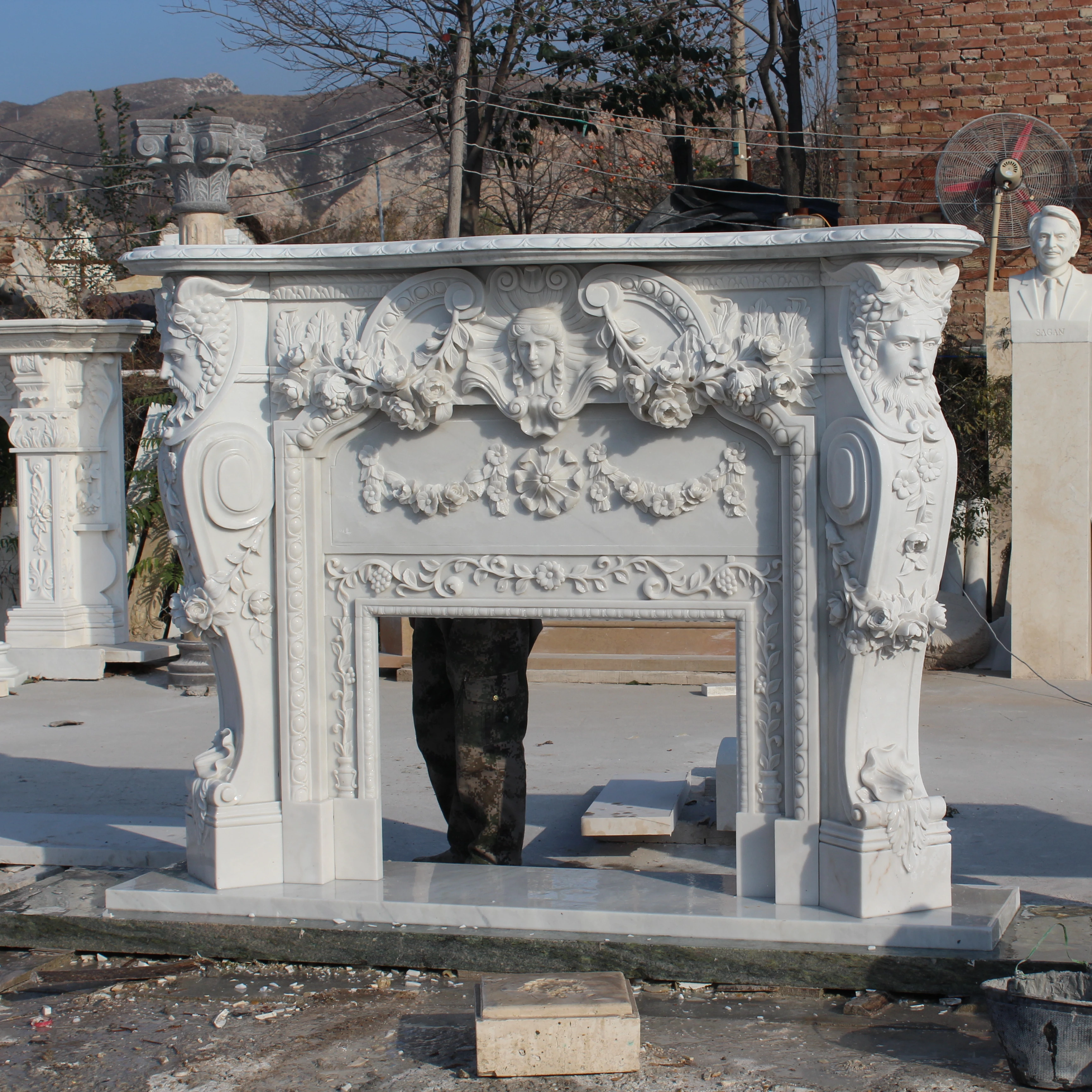 Pure White Hand Carved Western Style Decoration Stone Marble Fireplace