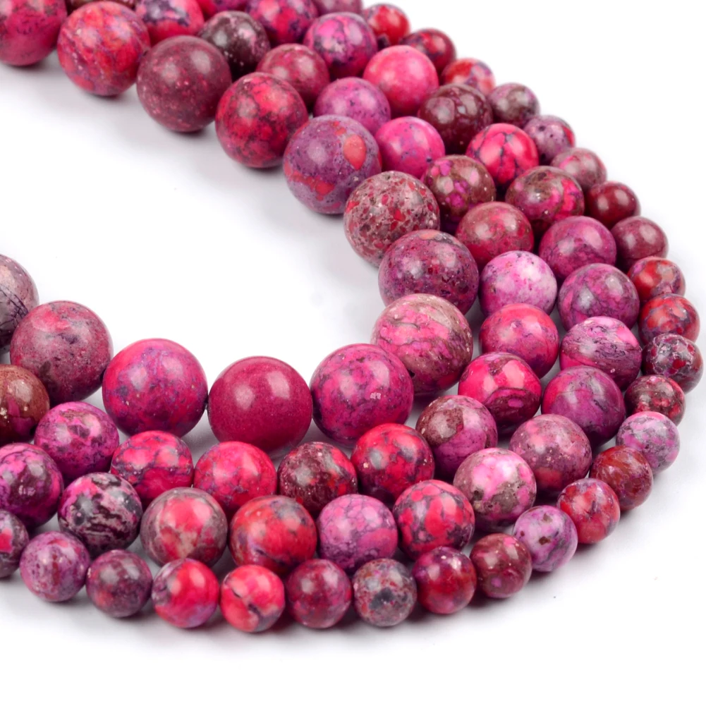 Wholesale 6/8/10mm Round Fuchsia Sea Sediment America Turquoises Stone Beads for Jewelry Making DIY
