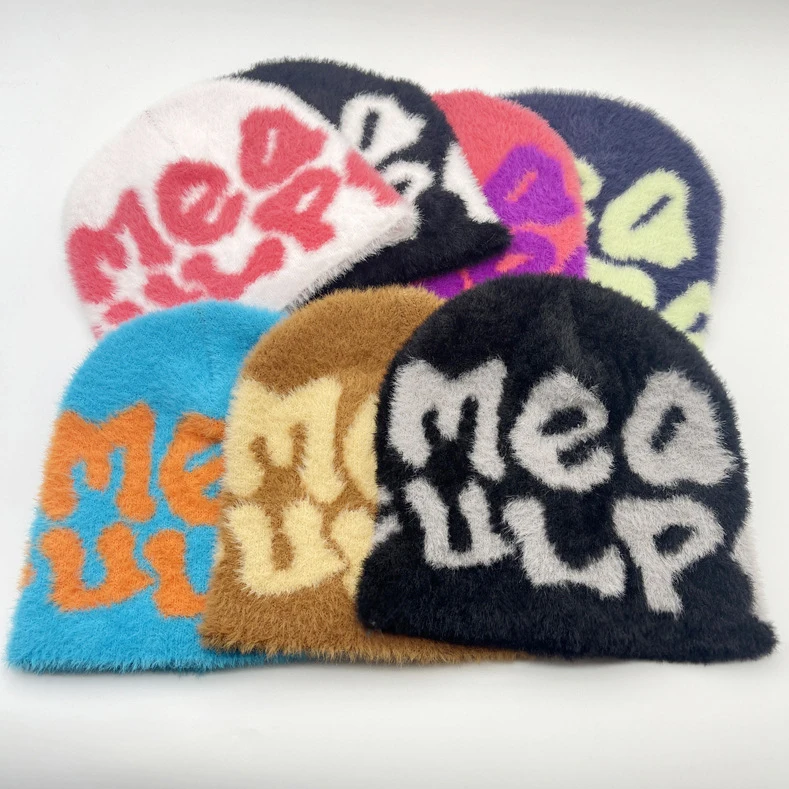Mohair Beanies Caps Wholesale Winter Hats Graphic Jacquard Mea Culpa Beanies Hats With Custom Logo