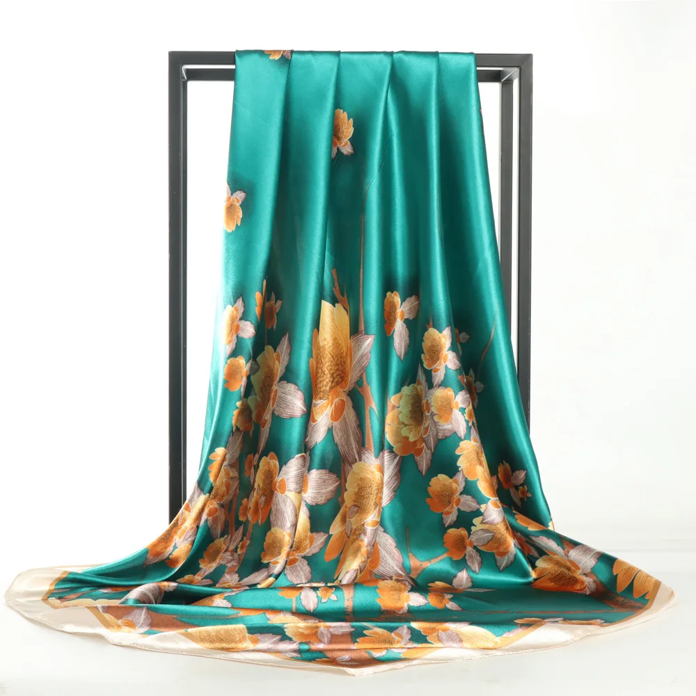 Professional Customized New 90cm Beautiful Peacock Screen Printing Long Silk Scarf for Women Plain Style For Spring Season Adult