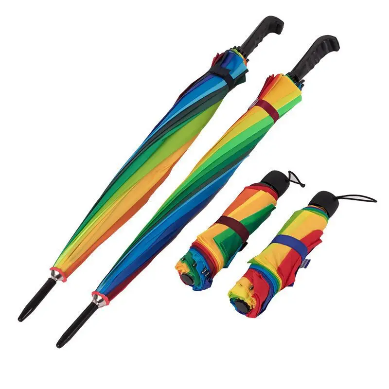 23 Inch 16 Ribs 16 Colors Hot Sale Semi Automatic Windproof rainbow umbrella Custom Colorful Promotion Straight Umbrella