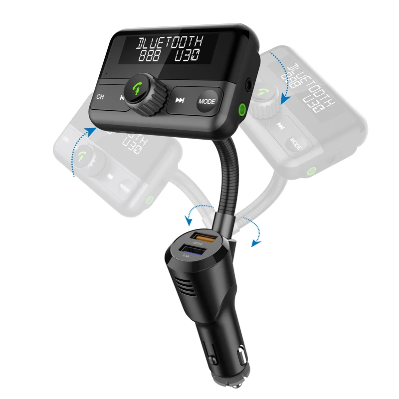 
Gooseneck 360 degree rotation blue tooth car mp3 player fm transmitters QC3.0 Quick Charge blue tooth car kit car charger 