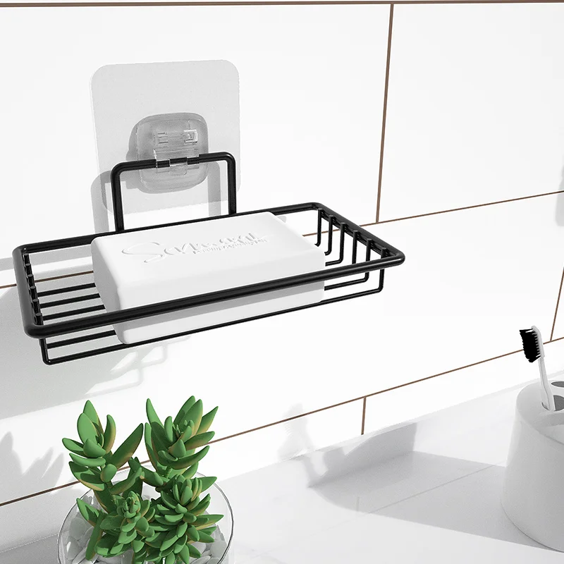 Samanl Modern Stainless Steel Soap Dish with Adhesive Black Bathroom Shelf and Sponge Holder Wall-Mounted Soap Saver