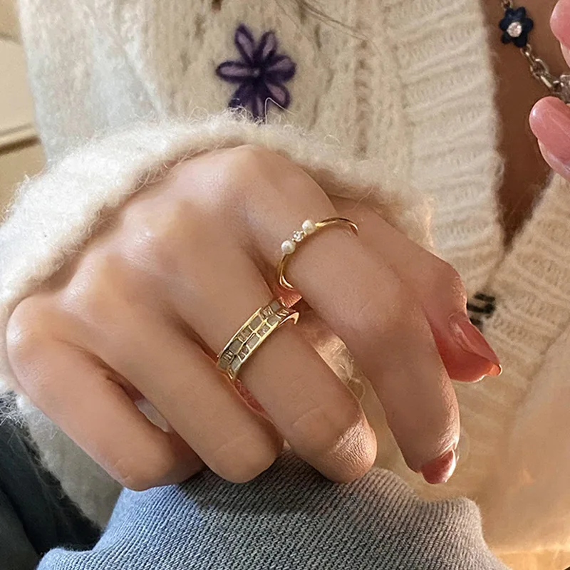 Vershal C4-183 18K Gold Plated New Arrival Fashion Pearl Zircon Minimalist Adjustable Open Ring