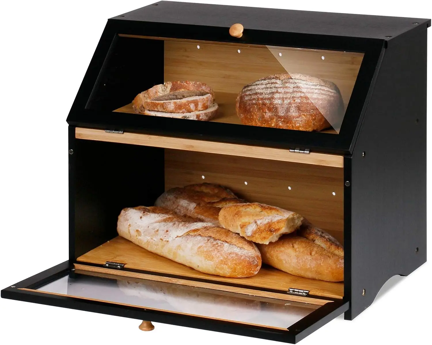 Kitchen Counter Double Layer Large Capacity Storage Bin Container Black Wooden Bamboo Bread Box With Acrylic Window  Air Vents