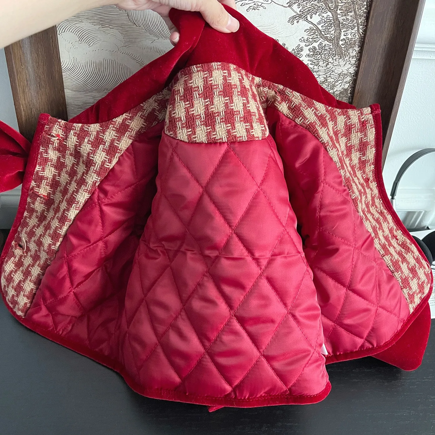 Зимний костюм в Корейском стиле для девочек Красный Клетчатый с бантом детский хлопковый из двух предметов