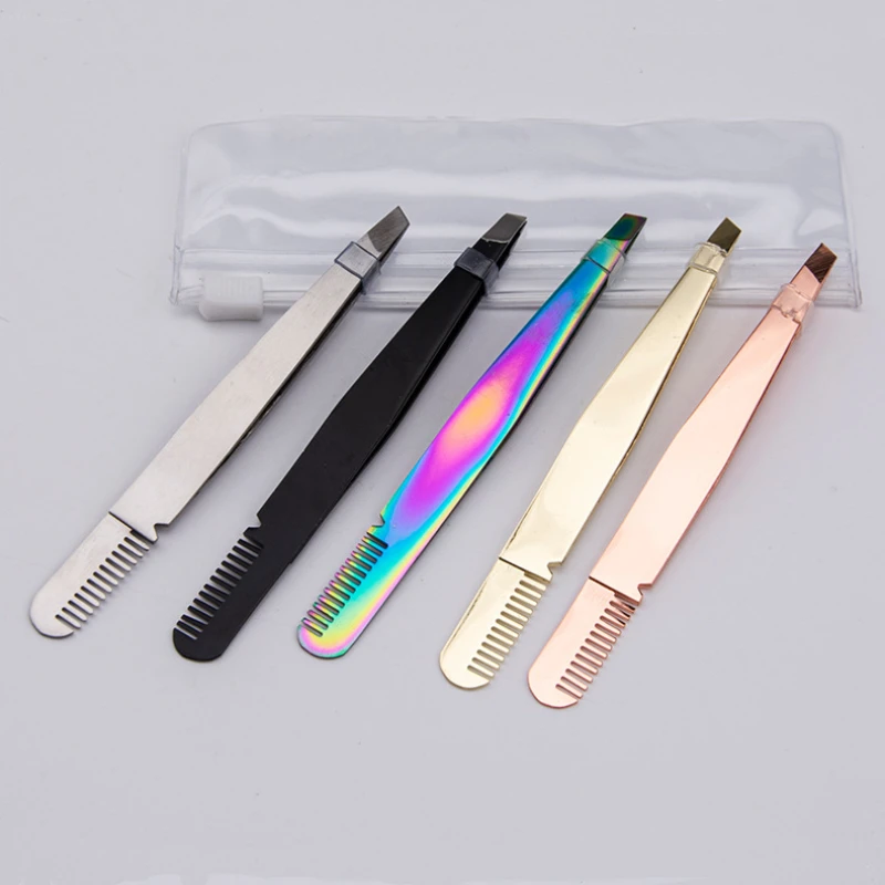 Private Label Custom Logo Ingrown Hair Slant Tweezers Brush Stainless Steel Eyebrow Clip Beauty Tool
