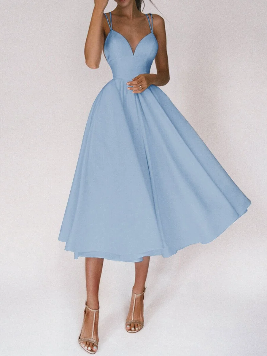 Bridal Gowns Wedding Dress A-line Spaghetti Straps V-neck Backless Tea-Length Red Ball Gown Evening Party Celebrity Dresses