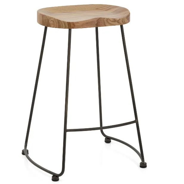 Factory Kitchen Metal Leg Wooden Seat solid wood Bar Stool