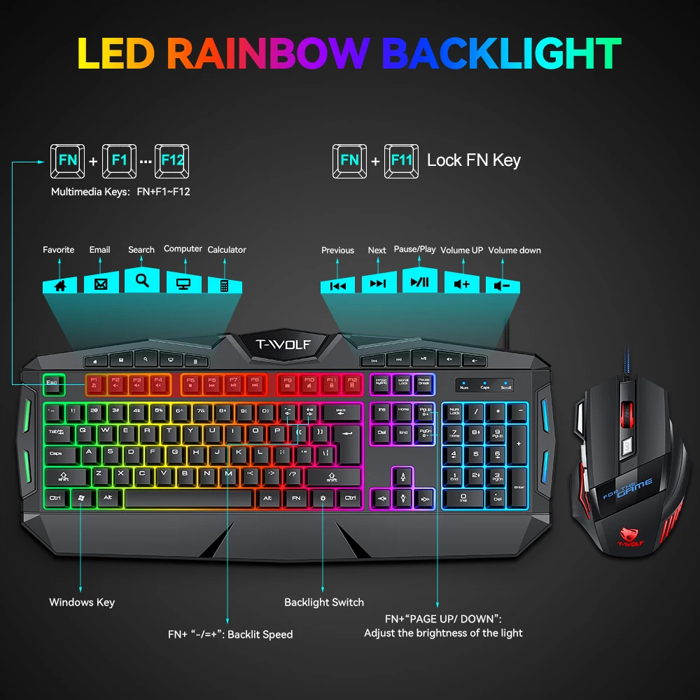 2022 hot sale keyboard mouse combo 104 Keys RGB Backlit Gaming Keyboard , 3600 DPI Mouse for PC Gamer