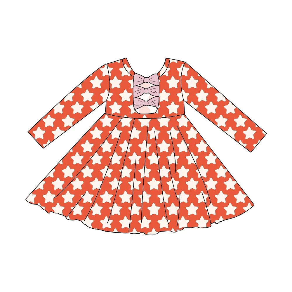 Long Sleeve Round Neck Dresses For Girls Casual Kids Frock Bow star Peplum Skirt Girl July Summer Dress popular sweet dress