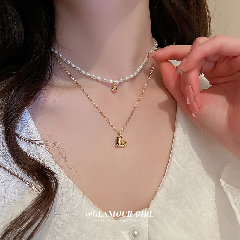 Fashion Temperament Pearl Love Necklace Personality Double Layer Chain INS Popular Clavicle Chain Women Jewelry