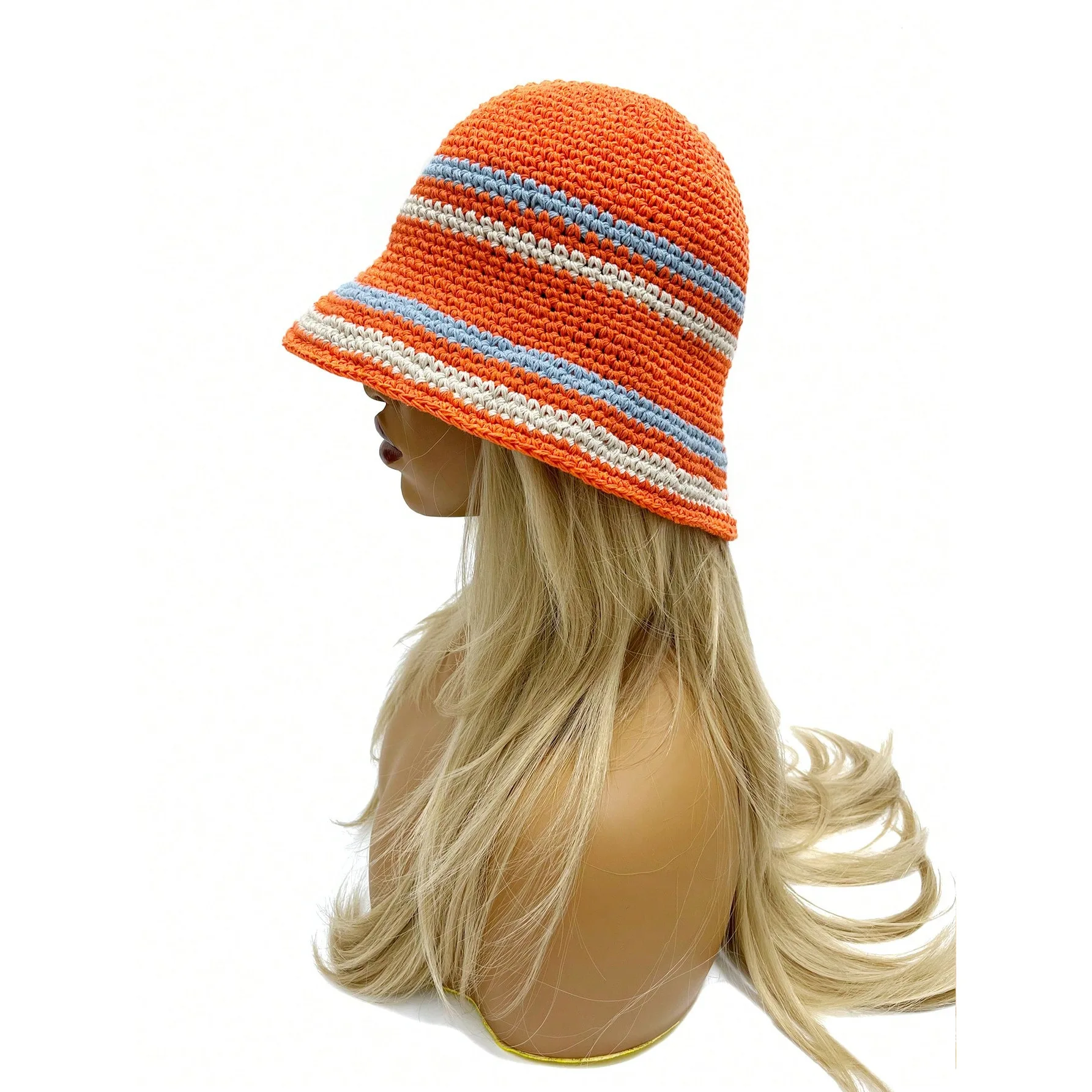Fashion Summer Striped Crochet Hat Cotton Knitted Sunshade Sunscreen Bucket Fisherman Hat
