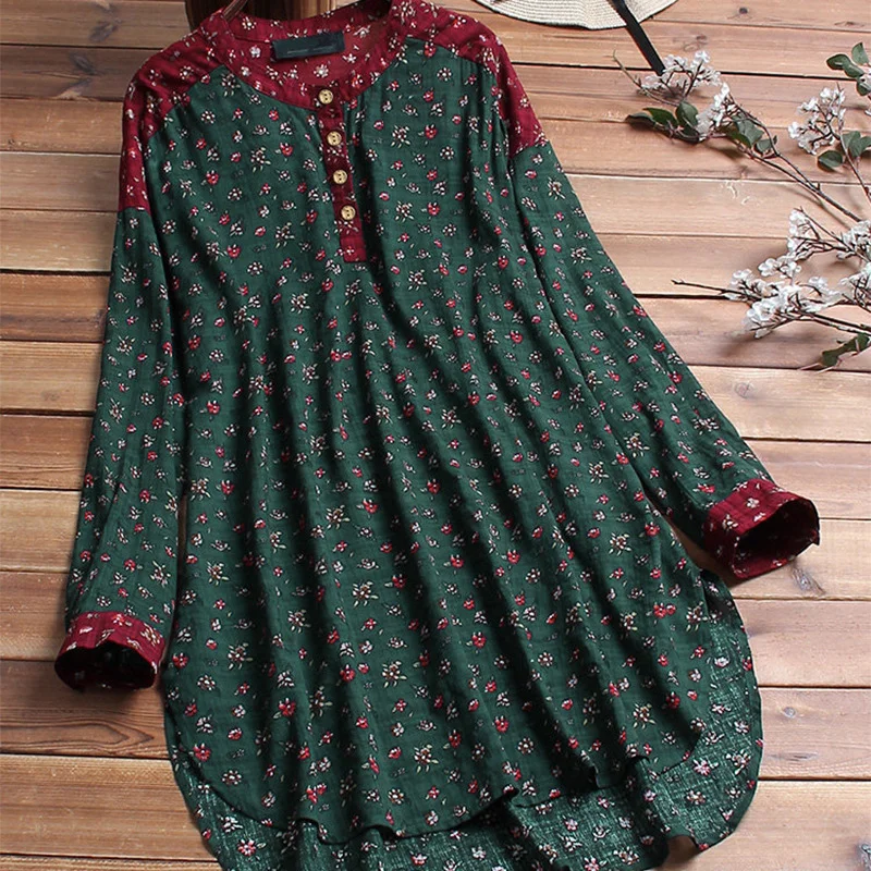 Printed Top Long Tunic Block Pointed-Hem Scoop Neck Tunic Women Printed Top Floral Tops for Woman