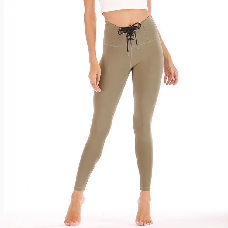 Women Lycra Lightweight Sports Lace-up Stitching Tight Yoga Pants High Waisted Workout Leggings