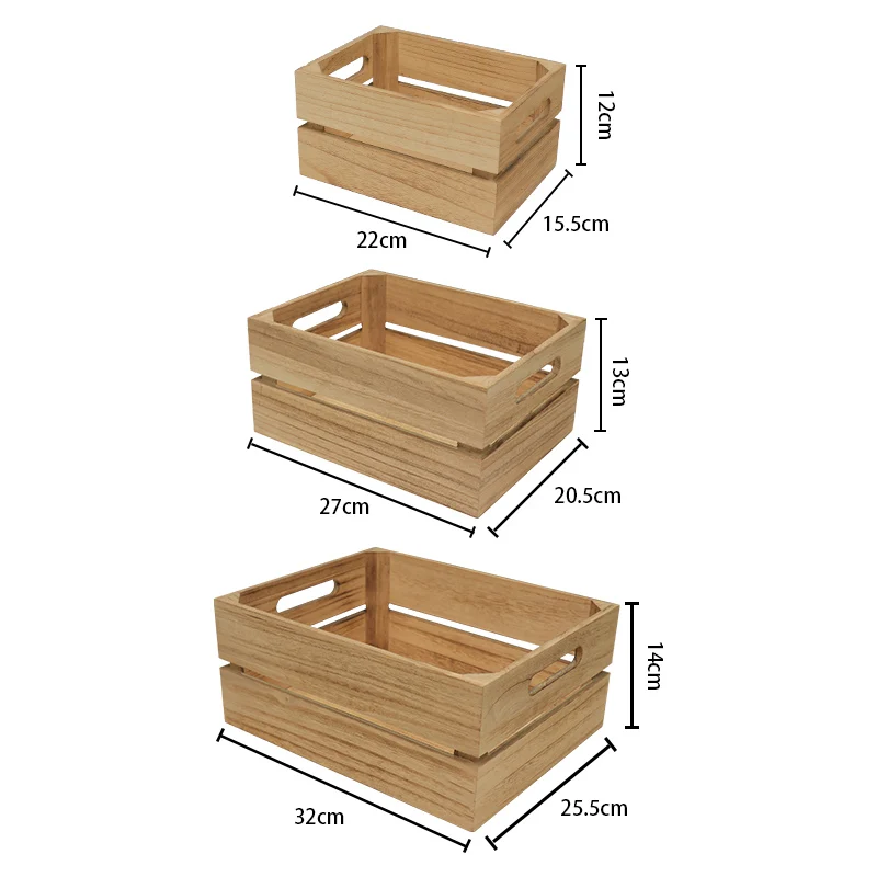 Home Decor Handmade 3 pcs Stackable Vegetable Fruit Open No Lid Organizer Paulownia Wooden Storage Crate Box