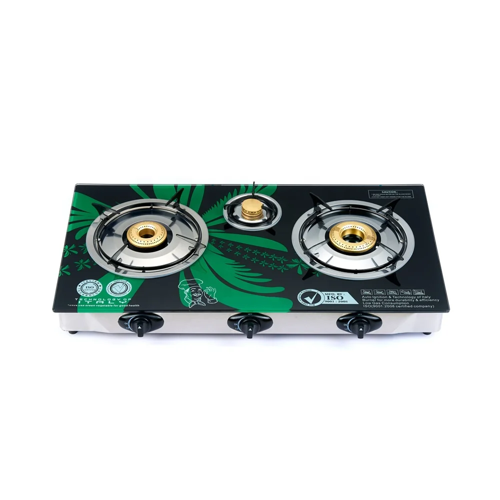
Safety top pan support singapore 3 burner tempered glass steel burner cap gas stove 