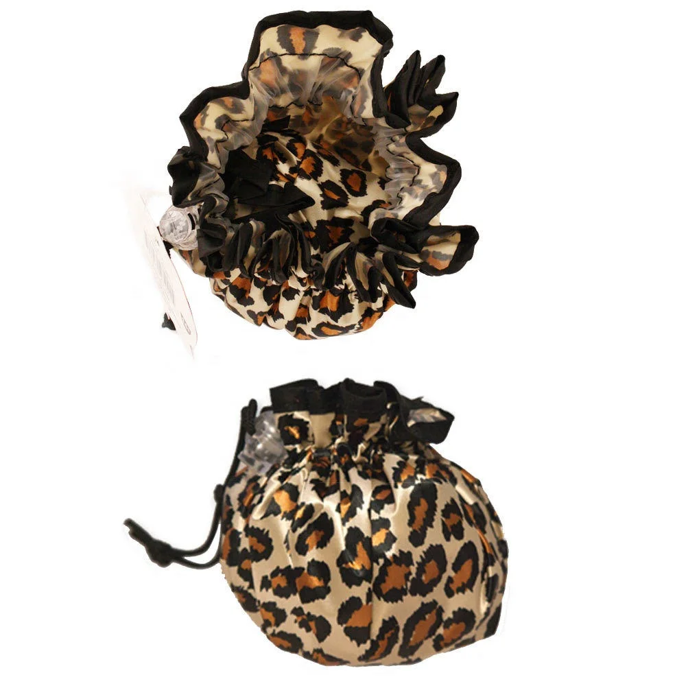 X-Large Leopard Sexy Satin Shower Caps With Plastic Cords Adjustable WaterProof Bath Caps