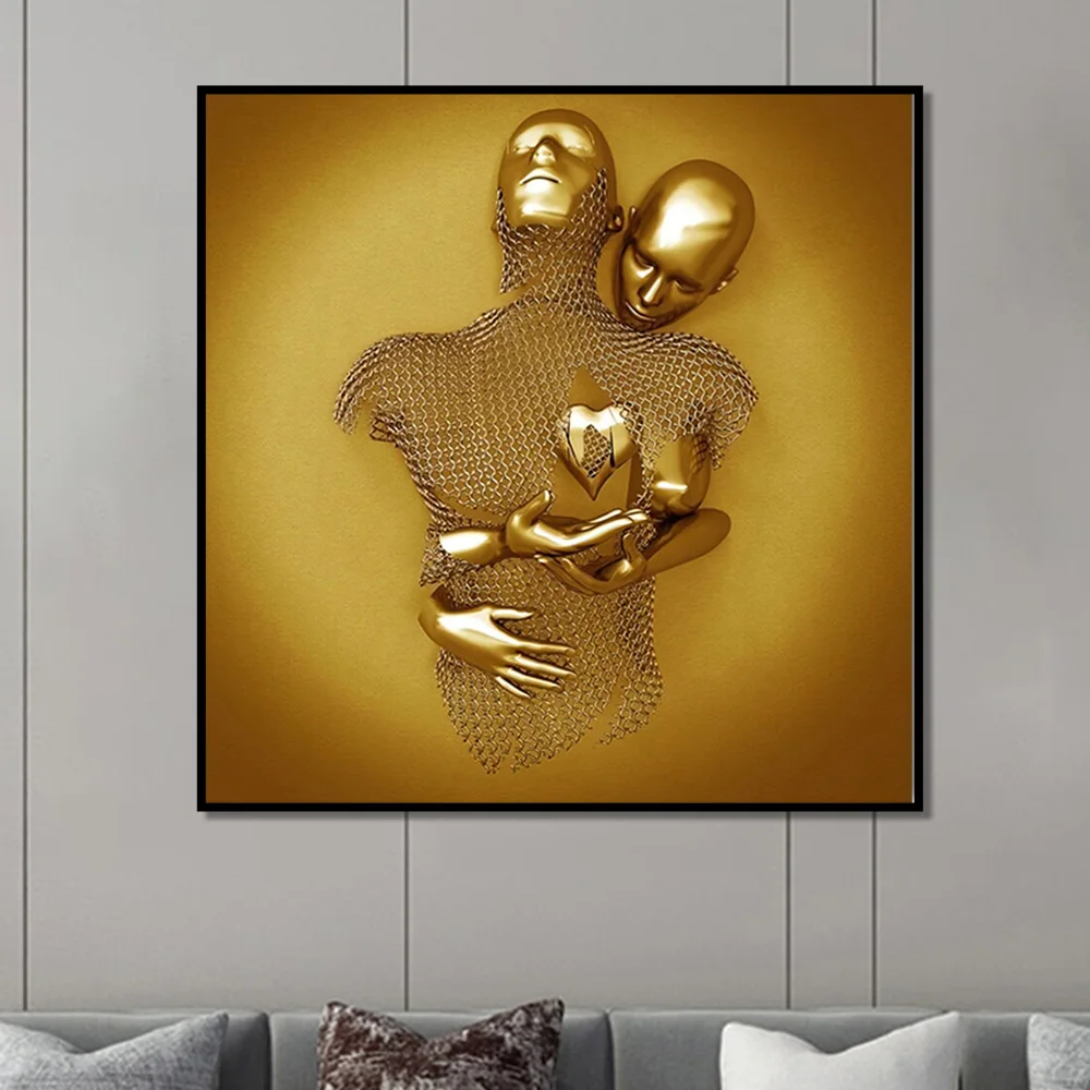 Luxury Custom Portrait Painting Abstract Golden Sculpture Kiss Lover Wall Art  Canvas Painting For Home Decor
