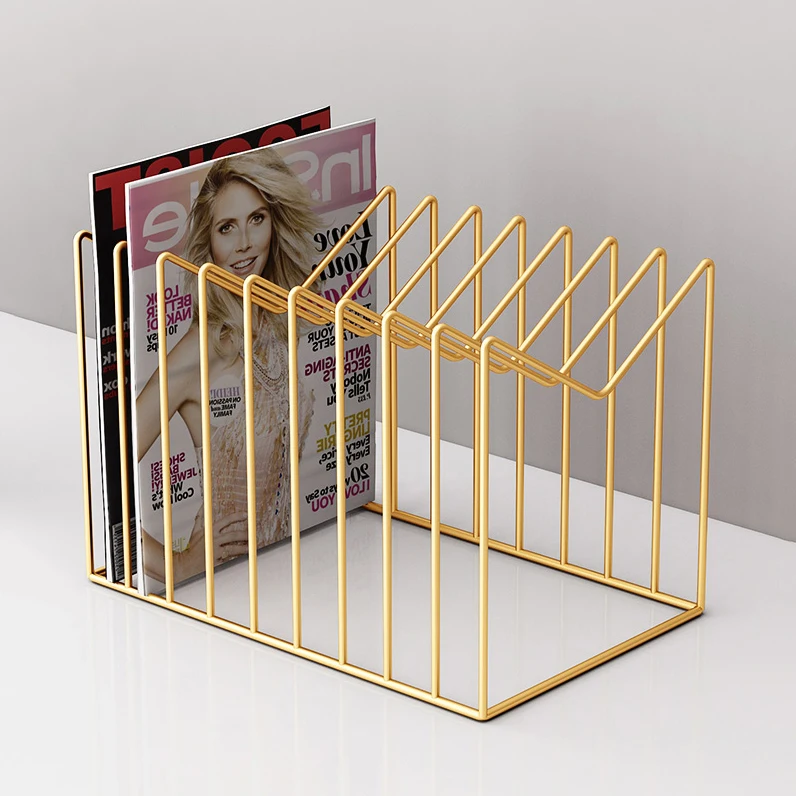 Office desktop countertop metal iron gold black white luxury iron magazine book storage organizer holder rack stand for book
