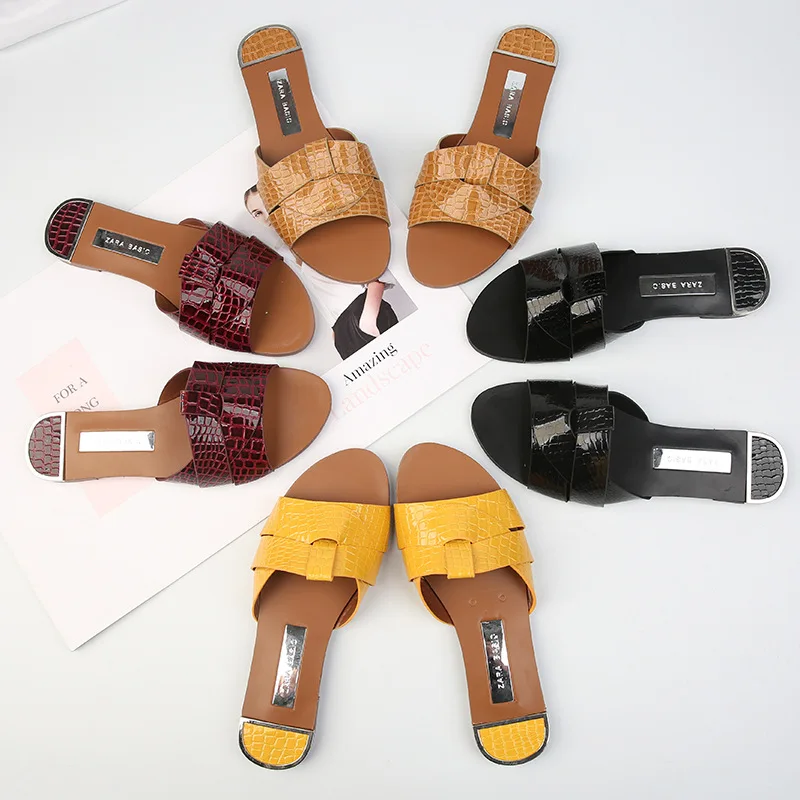 Шлепанцы с плоской подошвой в европейском и американском стиле и с открытым носком, повседневные женские летние шлепанцы, однотонные текстурные сандалии