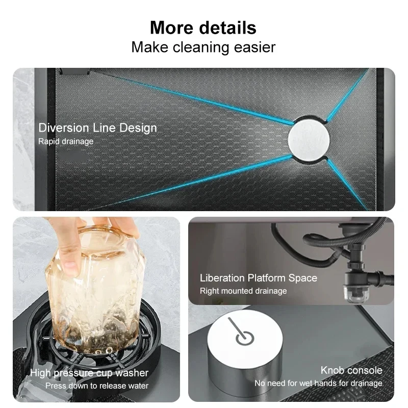 Smart Kitchen Sink Waterfall Faucet Large Dishwasher Digital Display Multifunction Stainless Steel Sink Single Bowl Washbasin