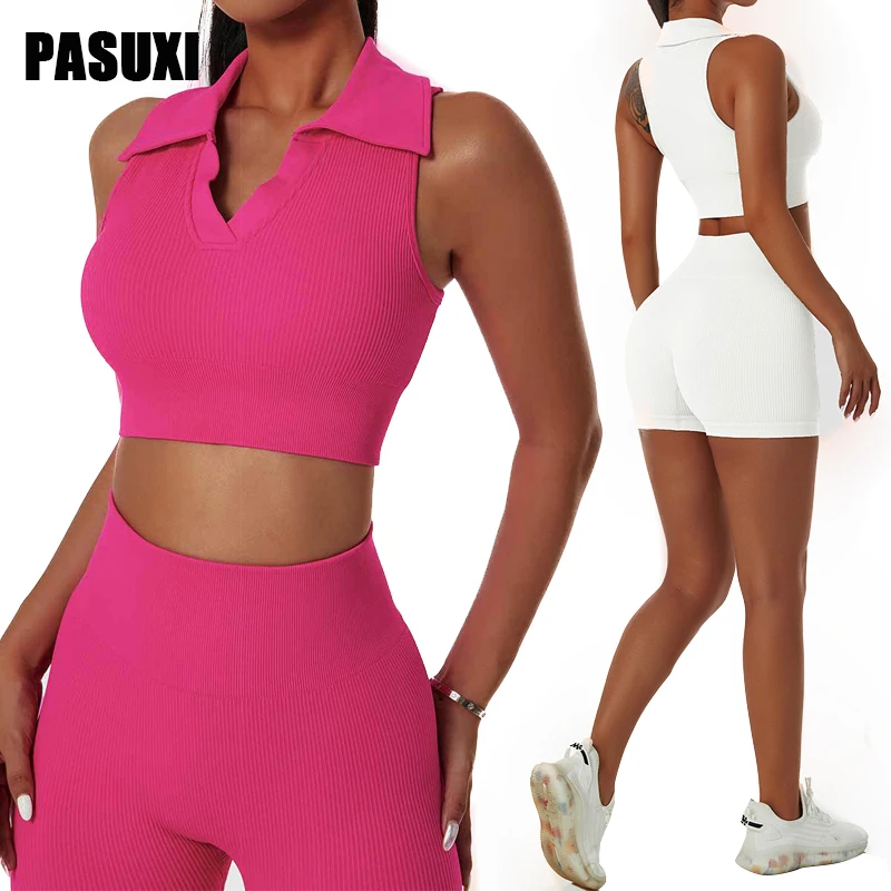 PASUXI Ladies Gym Sports Wear Girls Athletic Workout Suit Crop Tops With Leggings Women Fitness Yoga Set