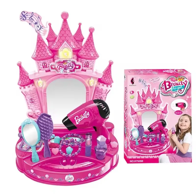 Girls Toy Makeup Accessories Kids Pretend Play Castle Plastic Vanity Beauty Dressing Table Toy Set with Light and Music