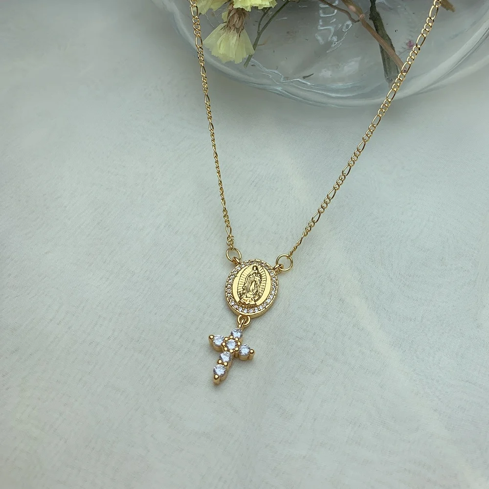 Metal Plated 18k Gold Zircon Small Cross Virgin Mary Pendant Figaro Chain Necklace For Women Jewelry