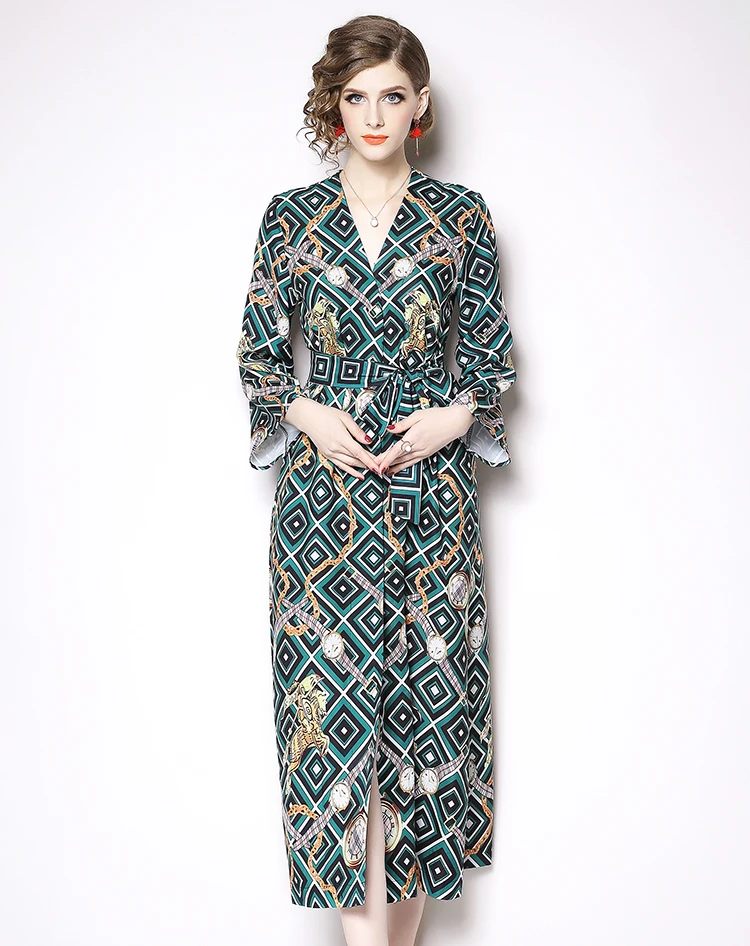 Wholesale Women New Fashion V Neck Wide Cuff Wrist Long Sleeve Plaid Print Long Dress