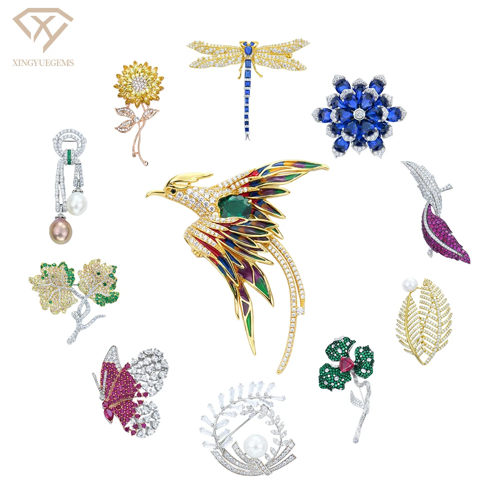 New Arrival Trendy Fine Jewelry S925 Pin Brooch Elegant Plant Wings Butterfly Animal Flower Design with CZ Stones