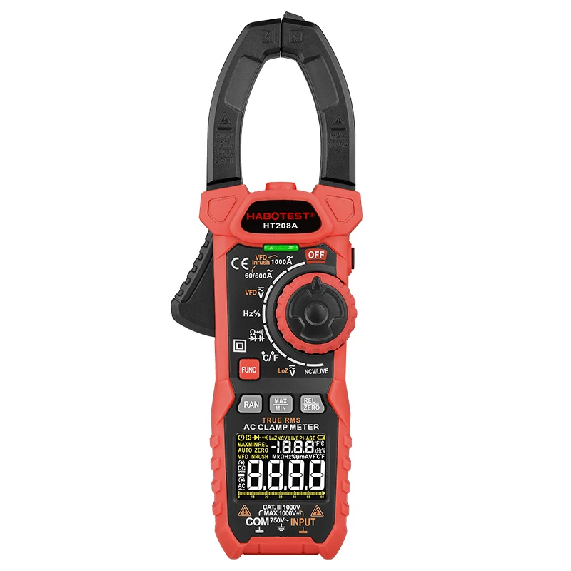 HABOTEST HT208A True RMS Digital Clamp Meter DC AC Current Voltage Ampere NCV Ohm Tester Clamp Multimeter