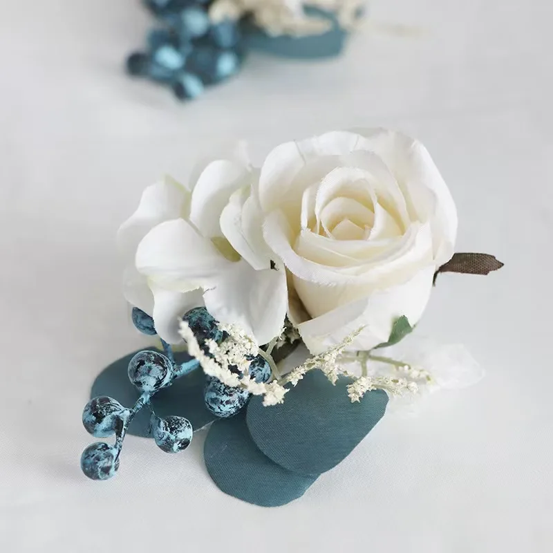 Groom Bride Corsage Simulation Silk White Rose Flower Business Conference Lapel Flower Wedding Bridesmaid Sister Wrist Flowers