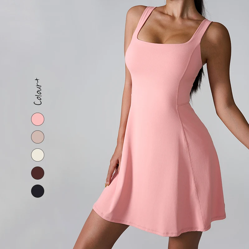 F2165 Sleeveless Built in Bra Shorts side Pockets exercise golf Workout Athletic Tennis Dress for women yoga activewear