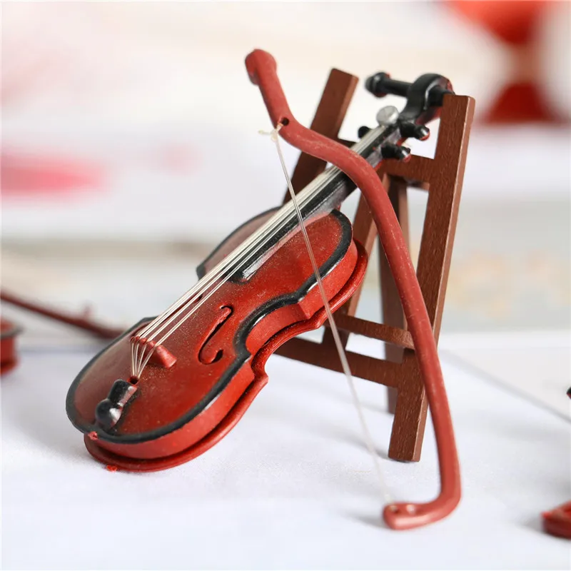 Kids Role Playing Toys Musical Instrument Wooden Dollhouse Miniature Violin Model Toy For Children
