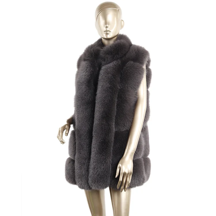 wholesale custom fashion soft fluffy 80cm long dark grey real fox fur vest for women